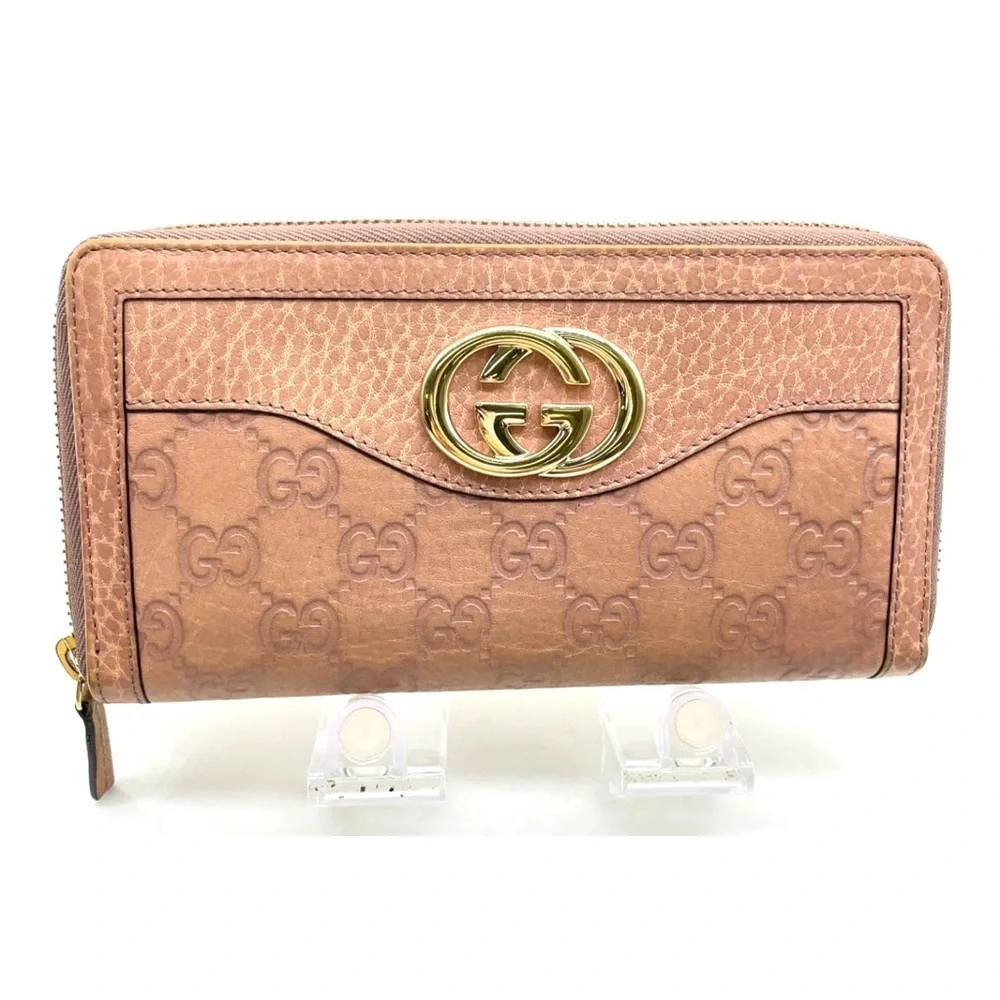 Auth GUCCI GG Guccissima Pink Leather Long Wallet W/GG Gold Accents & dust bag